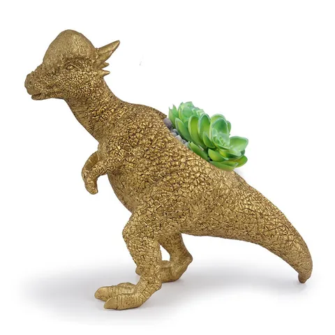 Nordic Creative Metallic Gold Pachycephalosaurus Dinosaur Resin Figurine Succulent Planter Home Office Decor Statue