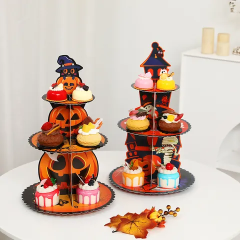 Halloween 3-Tier Cupcake Stand White Cardboard Foldable Dessert Display Tower Pumpkin Ghost Cat Theme Party Decorations