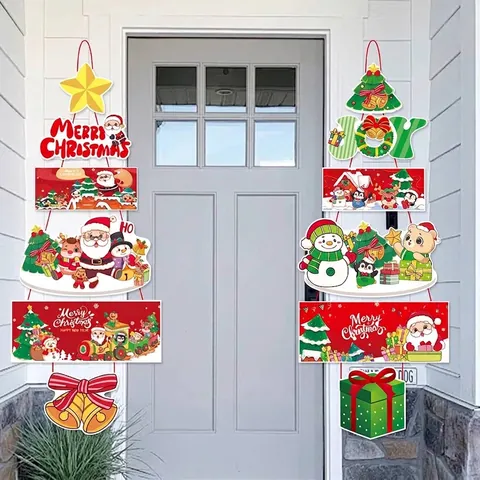 Pancarta Colgante de Papel de Navidad Animada Papá Noel Muñeco de Nieve Reno Bandera Colgante para Tienda Hogar Pared Decoración Adorno