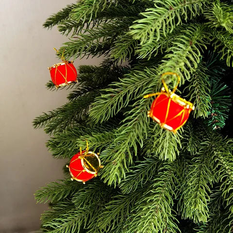 Red Flocked Mini Christmas Drum Hanging Ornaments Gold Thread Decoration For Christmas Tree Holiday Party Home Festival Decor