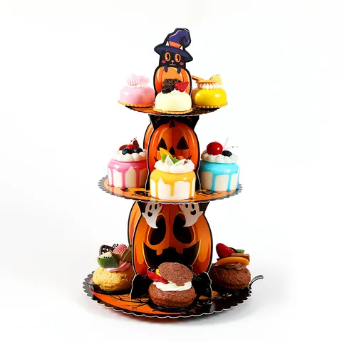 Halloween 3-Tier Cupcake Stand White Cardboard Foldable Dessert Display Tower Pumpkin Ghost Cat Theme Party Decorations
