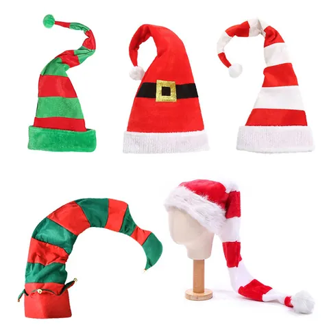 Long Striped Christmas Elf Hat with Pompom Bell Festive Santa Claus Hat for Holiday Party Costume Decoration Accessory