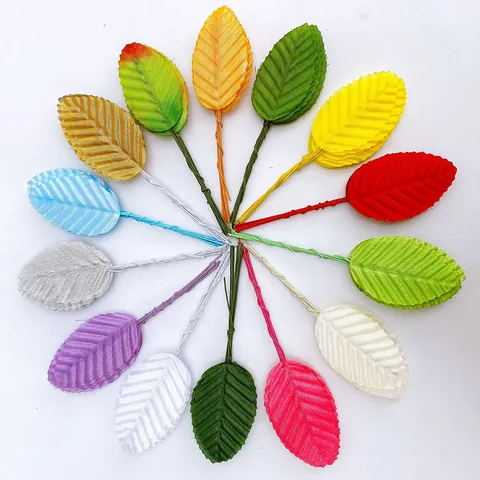 Artificial Rose Leaves With Wire Stems Multiple Colors For DIY Wedding Wreath Box Hat Decoration Floral Accessory