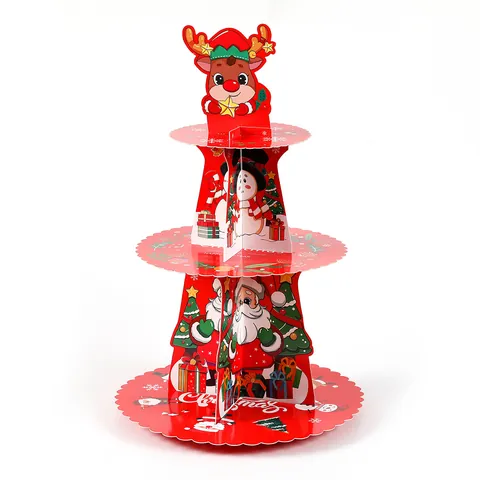 Tiered Christmas Cardboard Cake Stand Foldable Dessert Cupcake Tower Santa Claus Elk Paper Tray For Holiday Party Decoration