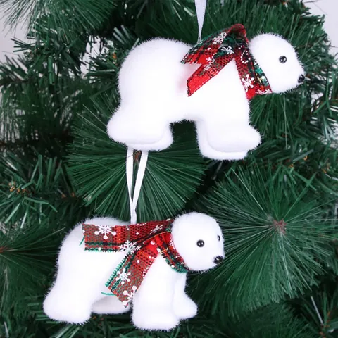 White Christmas Polar Bear Hanging Ornament With Scarf For Christmas Tree Decoration Cute Plush Bear Doll Pendant