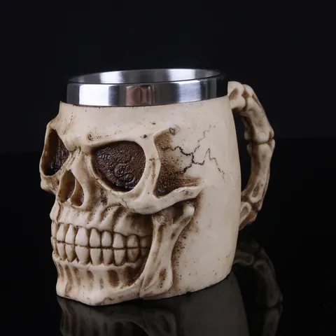 Gothic 3D Skull Mug With Stainless Steel Liner Retro Resin Skull Wine Glass Decorative Drinking Cup For Halloween Party Home Bar Decor