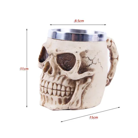 Gothic 3D Skull Mug With Stainless Steel Liner Retro Resin Skull Wine Glass Decorative Drinking Cup For Halloween Party Home Bar Decor