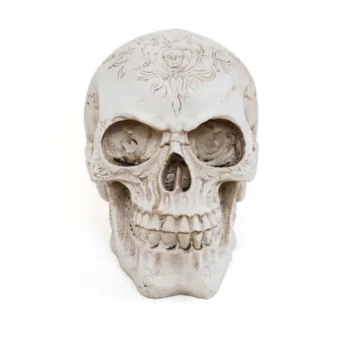 Retro Resin Skull Head Figurine With Carved Flower Pattern Vintage Halloween Decor Realistic Human Skeleton Medical Model