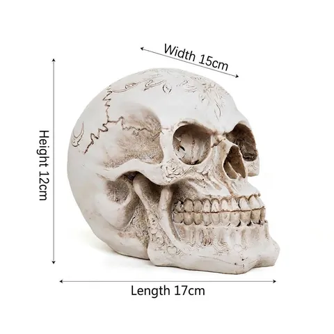 Retro Resin Skull Head Figurine With Carved Flower Pattern Vintage Halloween Decor Realistic Human Skeleton Medical Model