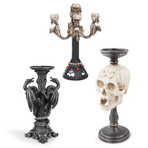 Candelabro Gótico de Resina con Calavera Halloween Dragón Esqueleto Estilo Oscuro Retro Decoración de Mesa Regalo