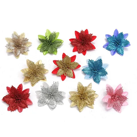Glitter Christmas Poinsettia Artificial Flowers Christmas Tree Ornaments For Home Wedding Party Decor Christmas Floral Gifts