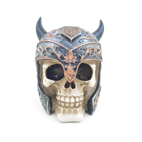 Wikinger Totenkopf Spardose Halloween Harz Skelett Statue Gotische Deko Retro Hörnerhelm Geldkasten Schreibtisch Ornament