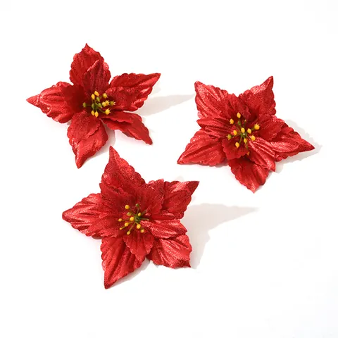 Glitter Artificial Poinsettia Christmas Flowers Silk Fabric Floral Ornaments For Holiday Tree Garland Rattan Decor Accessories