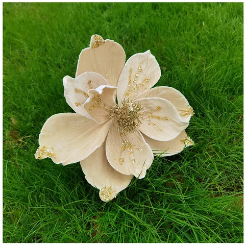 Artificial Christmas Magnolia Flower Velvet Cloth Glitter Sequins Floral Ornament For Xmas Tree Party Home Decoration