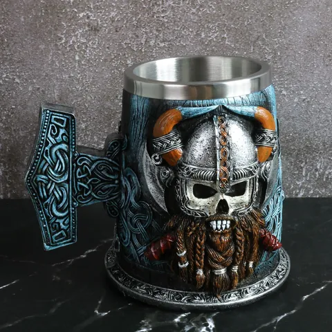 Retro Wikinger Piraten Totenkopf Bierkrug Edelstahl Große Kapazität Geprägter Bierkrug Mit Mjolnir Griff Mittelalterlicher Humpen