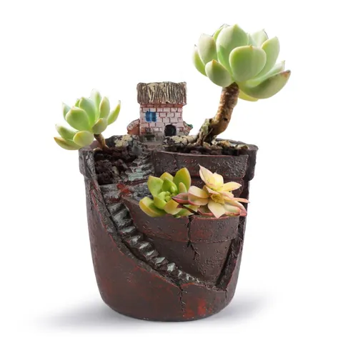 Creatieve Hars Sukkulenten Bloempot Miniatuur Landschap Pot Retro Rots Textuur Huis Trap Desktop Tuin Decoratie Ornament