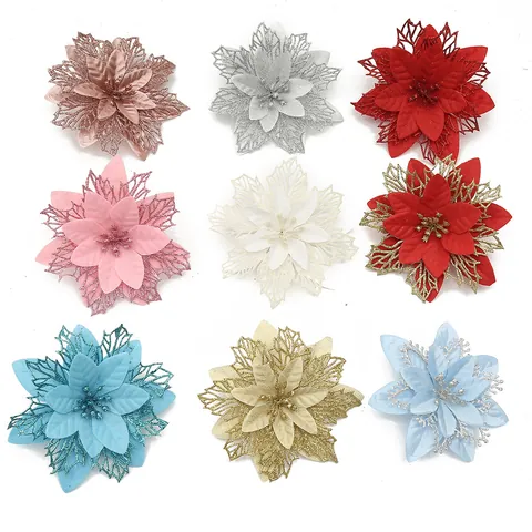 Artificial Christmas Poinsettia Flowers Glitter Hollow Out Design Floral Ornaments For Christmas Tree Decoration Home Wedding Gold Red Silver Blue White