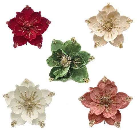 Artificial Christmas Magnolia Flower Velvet Cloth Glitter Sequins Floral Ornament For Xmas Tree Party Home Decoration