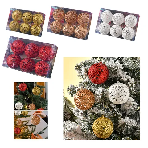 Christmas Tree Hanging Hollow Plastic Balls Ornaments With Glitter Snowflake Pattern Boxed Xmas Tree Decorative Baubles