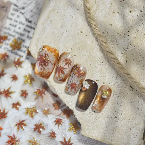 Metallic Maple Leaf Nail Stickers Retro Autumn Winter Reddish Brown Butterfly Self Adhesive Gold Glitter DIY Nail Art Decals