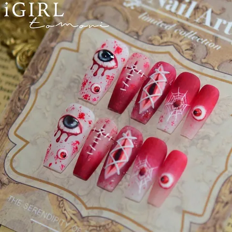 Handgemaakte Halloween Horror 3D Bloedtranen Littekens Nepnagels Coffin Lange Trapeze Fake Nails Luxe Manicure Set voor Vrouwen