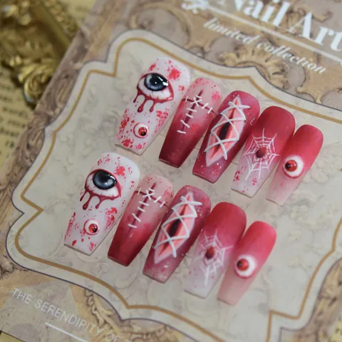 Handgemaakte Halloween Horror 3D Bloedtranen Littekens Nepnagels Coffin Lange Trapeze Fake Nails Luxe Manicure Set voor Vrouwen