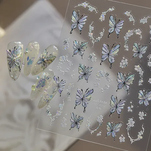 Holographic Butterfly Floral Nail Stickers 3D Laser Crystal Drill Design Ultra Thin Adhesive Nail Decals For Women DIY Manicure Decor