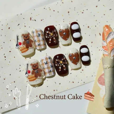 Handmade Chestnut Cake Press On Nails Cute 3D Bear Bow Design Brown Cream Sweet 10 Pcs Set Artificial Nails With Tool Kit