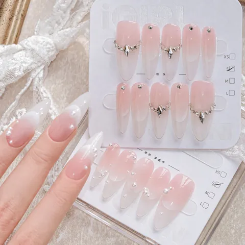 Handmade French White Moonlight Press On Nails Pink White Gradient Long Stiletto Almond Nails With Artificial Pearls Rhinestones