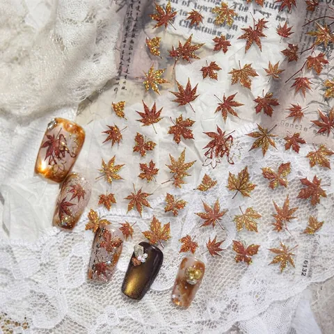 Metallic Maple Leaf Nail Stickers Retro Autumn Winter Reddish Brown Butterfly Self Adhesive Gold Glitter DIY Nail Art Decals
