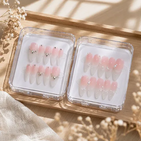 Handmade French White Moonlight Press On Nails Pink White Gradient Long Stiletto Almond Nails With Artificial Pearls Rhinestones