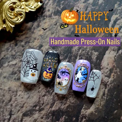 Handgefertigte Künstliche Nägel Zum Aufdrücken Wunderlich Dunkel Halloween Stil 3D Relief Geist Kürbis Spinnennetz Party Damen