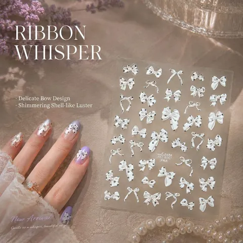 Pegatinas para Uñas con Lazo en 3D Relieve Brillo de Concha Diseño de Cinta Lunares Decoración de Manicura DIY para Mujeres