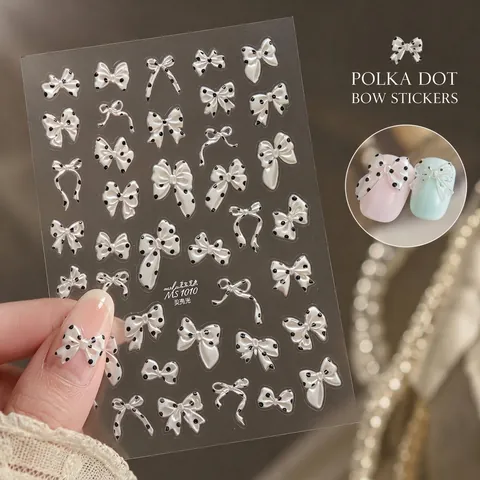 Pegatinas para Uñas con Lazo en 3D Relieve Brillo de Concha Diseño de Cinta Lunares Decoración de Manicura DIY para Mujeres