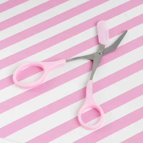 Eyebrow Scissors With Comb Stainless Steel Blade Pink Plastic Handle Makeup Tool