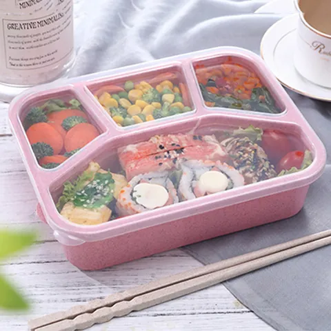 Wheat Straw Bento Box Four Compartment Portable Square Lunch Box Student Office Meal Container Nordic Blue Tableware
