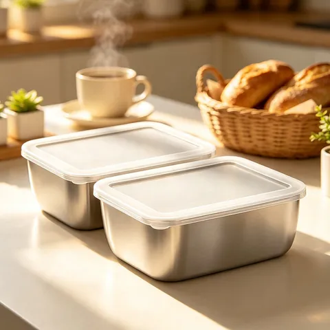 Stainless Steel Food Storage Container With Sealed Plastic Lid Rectangle Reusable Lunch Box For Kitchen Refrigerator Picnic