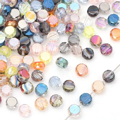 Octagon Flat Round Crystal Glass Beads For DIY Bracelet Necklace Keychain Making Supplies Drilled Spacer Beads AB Color Coating Craft Beads