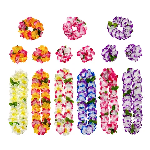 Hawaiian Luau Party Leis Set Colorful Satin Floral Garlands Artificial Flower Necklaces For Luau Beach Party Decoration