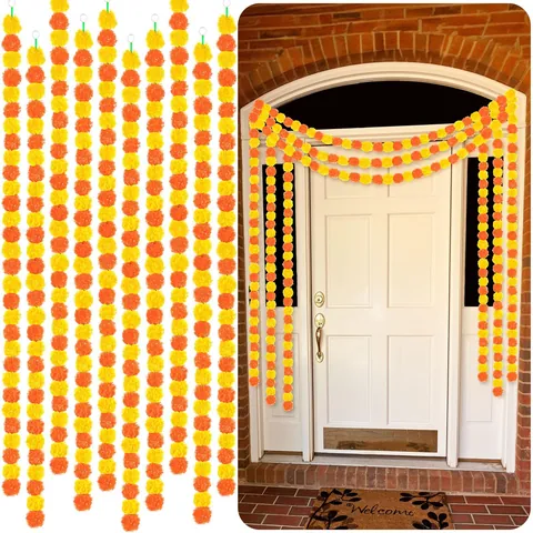 Marigold Flower Garland Plastic Dense Petals For Diwali Day Of The Dead Halloween Wedding Party Home Decor Long Hanging Floral Decoration
