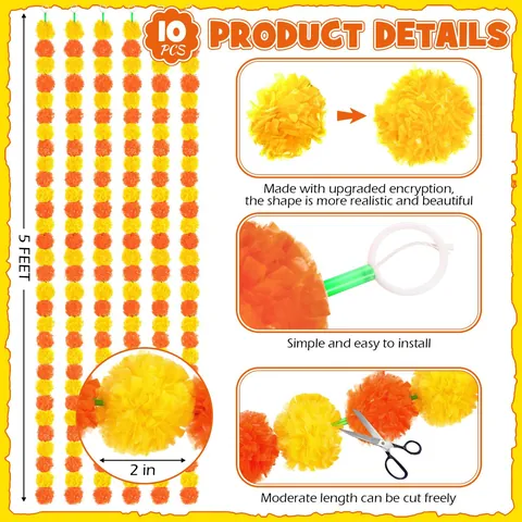 Marigold Flower Garland Plastic Dense Petals For Diwali Day Of The Dead Halloween Wedding Party Home Decor Long Hanging Floral Decoration