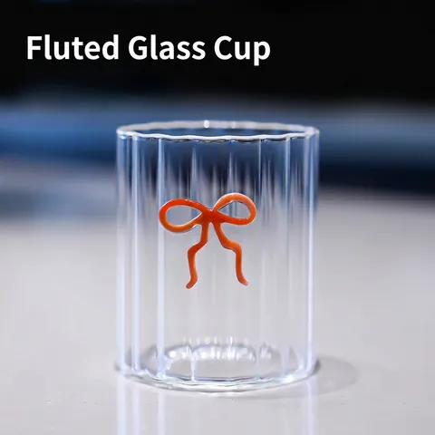 Kreativer Glasbecher Mit Schleife Und Streifen Hitzebeständig Vertikale Wellenstruktur Transparenter Wasserbecher Für Tee Kaffee Milch Geschenk Für Damen