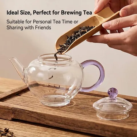 Théière en Verre Borosilicaté Résistante à la Chaleur Avec Filtre Intégré Poignée Violette Petite Théière Transparente