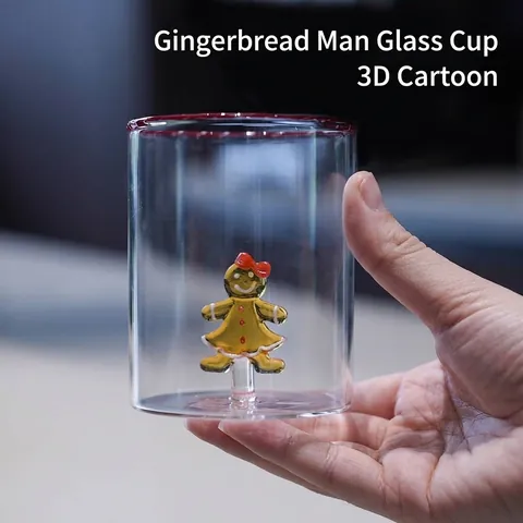 Christmas 3D Gingerbread Man Glass Cup High Borosilicate Heat Resistant Transparent Milk Juice Drinking Mug Holiday Home Office Gift