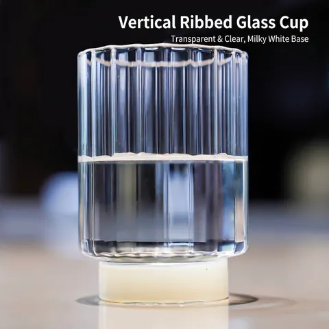 Vertical Striped High Borosilicate Heat Resistant Glass Coffee Cup With Creamy White Base Ribbed Milk Mug Juice Glassware