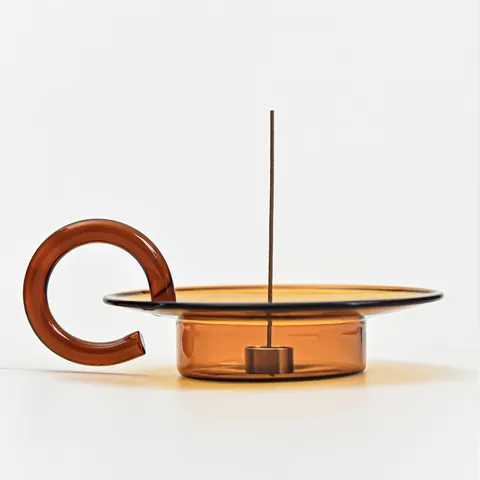 Amber Glass Incense Holder With Ring Handle Multi-Hole Metal Base Modern Decorative Candle Tray For Stick Incense Home Decor