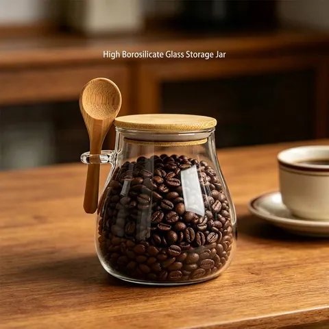 Japanese Style Borosilicate Glass Airtight Storage Jar With Bamboo Lid And Wooden Spoon Glass Food Container Coffee Jar
