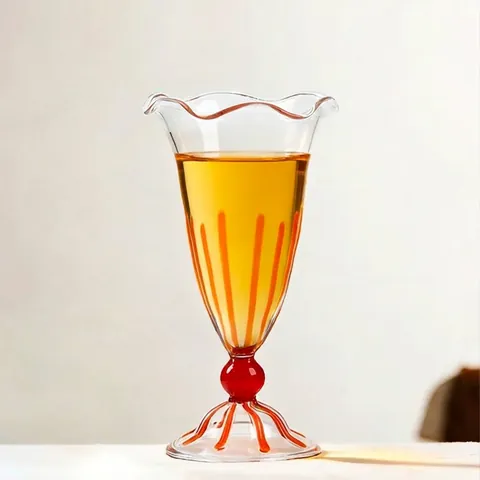 Copa de Cóctel de Vidrio de Colores Rétro Resistente al Calor con Borde con Volantes y Cuenta Decorativa para Fiesta Banquete