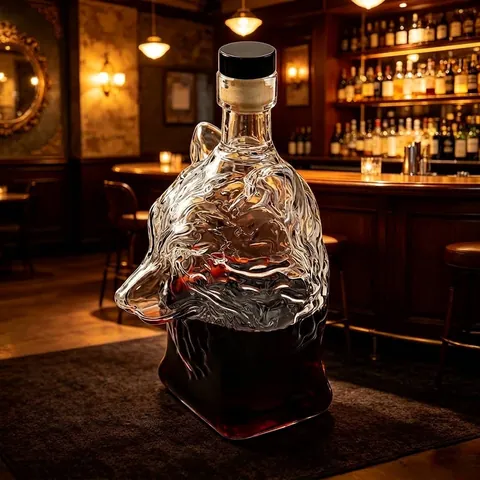 Decantador de Vidrio Creativo con Cabeza de Lobo Botella de Vino de Vidrio de Borosilicato con Tapón para Whisky Bar