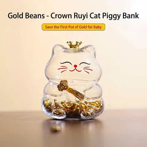 Tirelire en Verre en Forme de Chat Mignon Bouteille de Rangement Avec Couronne Dorée Verre Borosilicate Soufflé à la Main Décor